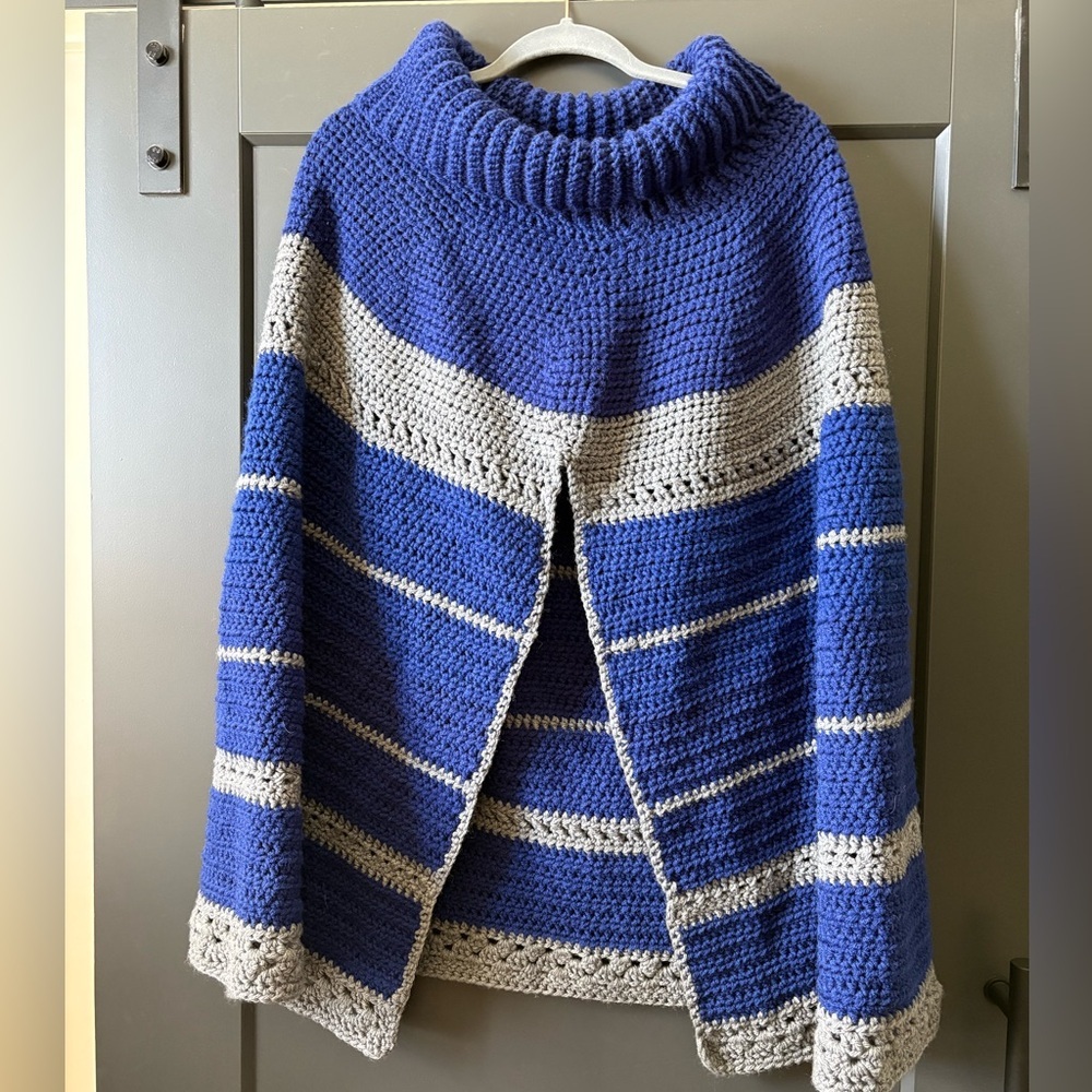 Blue and Gray Striped Turtleneck Poncho
